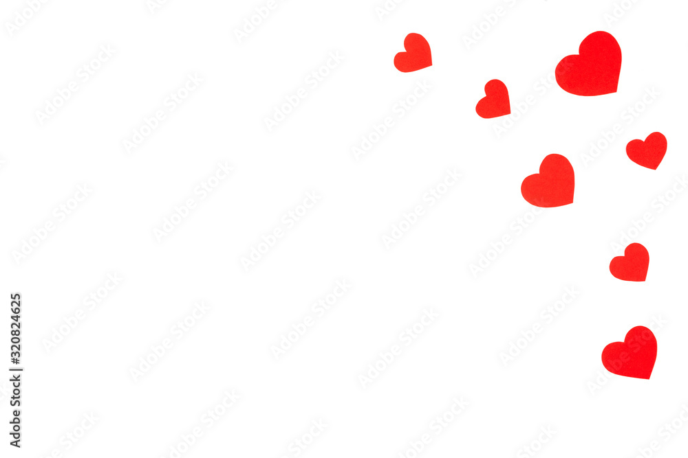 Red paper hearts isolated on white background, paper art copy space, place for text.