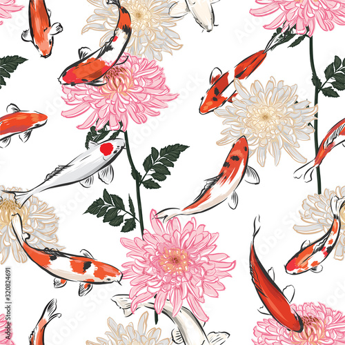 Hand drawn Seamless japanese blooming flowers pattern background with koi carp fish, Design for fashion,fabric,web,wallpapers,wrapping and all prints