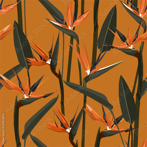 Retro summer bird of paradise flower with exotic leaves seamless pattern vector EPS10 ,Design for fashion ,fabric,wallpaper,wrapping,web and all graphic type