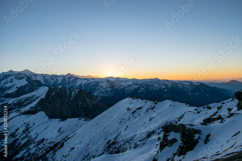 Sunrise from Kedarkantha peak in Uttarakhand Himalayas. Beautiful shot taken during winter trek to Kedarkantha  Uttarakhand India  on New year