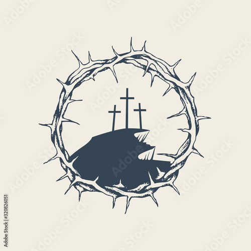 Vector banner, icon or emblem with mount Calvary and three crosses inside a crown of thorns. Religious illustration on the theme of Easter and Good Friday