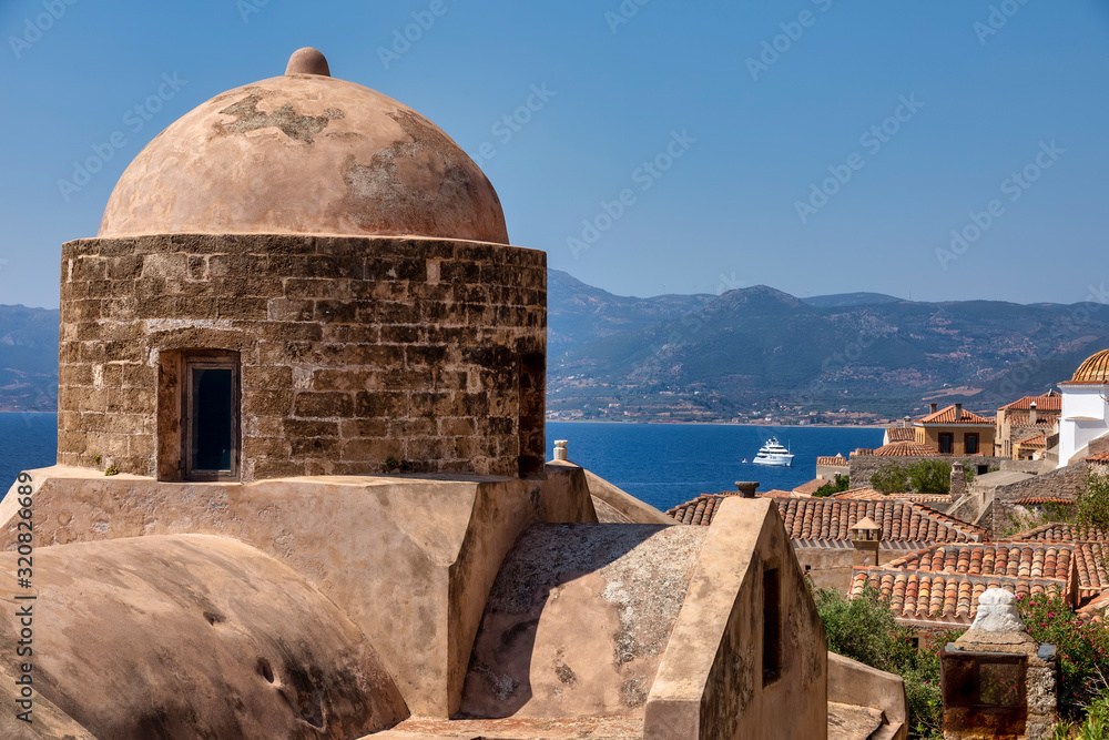View of the old town of Monemvasia in Lakonia of Peloponnese, Greece.