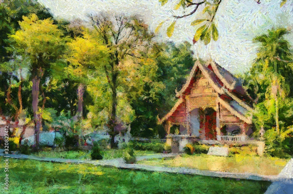 Ancient temples, art and architecture in the northern Thai style Illustrations creates an impressionist style of painting. Ancient temples, art and architecture in the northern Thai style Illustrations creates an impressionist style of painting.
