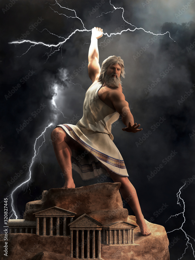 Zeus, the king of the Greek gods, stands upon Mount Olympus ready to