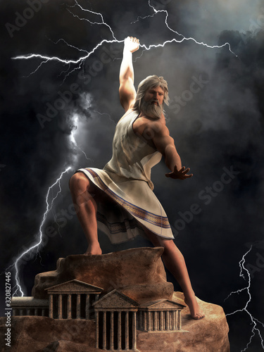 Zeus, the king of the Greek gods, stands upon Mount Olympus ready to hurl lightning bolts down upon the earth and mankind. 3D Rendering photo