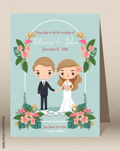 cute couple cartoon with tropical wedding invitations template