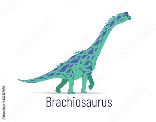 Brachiosaurus. Sauropodomorpha dinosaur. Colorful vector illustration of prehistoric creature brachiosaurus in hand drawn flat style isolated on white background. Huge fossil dinosaur.