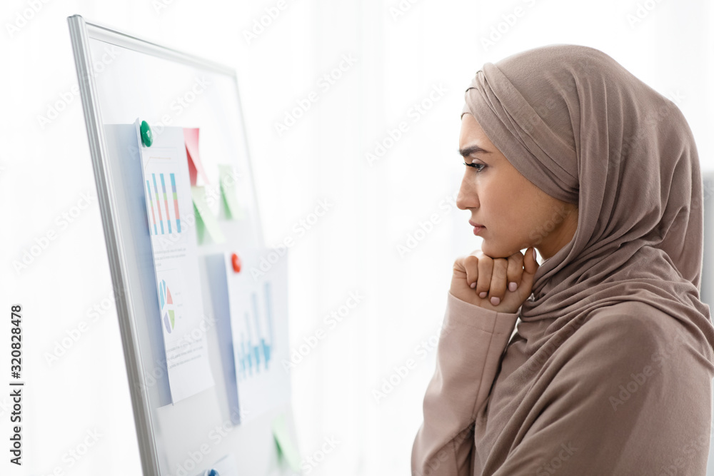 Concerned muslim business lady watching infographics at flip chart in office Concerned muslim business lady watching infographics at flip chart in office