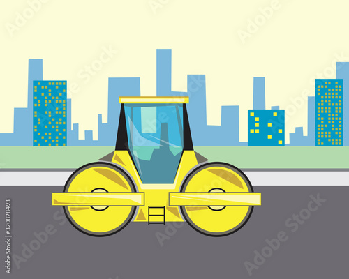 A bulldozer with roller and road works in the city, a flat vector stock illustration as a concept of construction work on laying asphalt