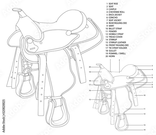 Description of the design of a saddle for riding on the example of a cowboy saddle. Black and white detailed drawing of a saddle for study in specialized educational institutes and sports sections.