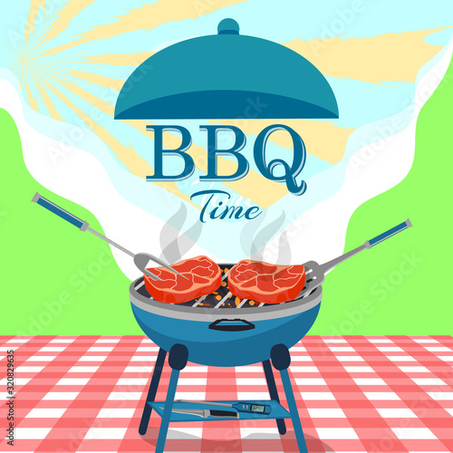 BBQ background with barbecue and grilled steaks. Picnic concept