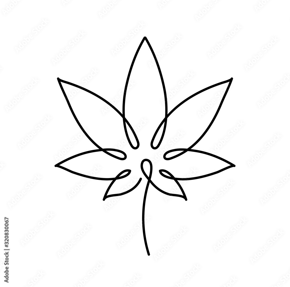 Cannabis leaf icon. Graphic line drawing of marijuana, logo, symbol. Vector illustration. Beautiful minimalistic hand drawing of a plant.