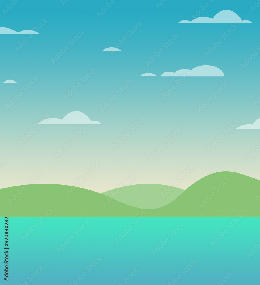Beautiful landscape with sea, sky and green mountains in cartoon style - simple graphic background with clean gradient