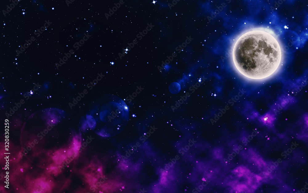 Colorful starry night sky with the moon