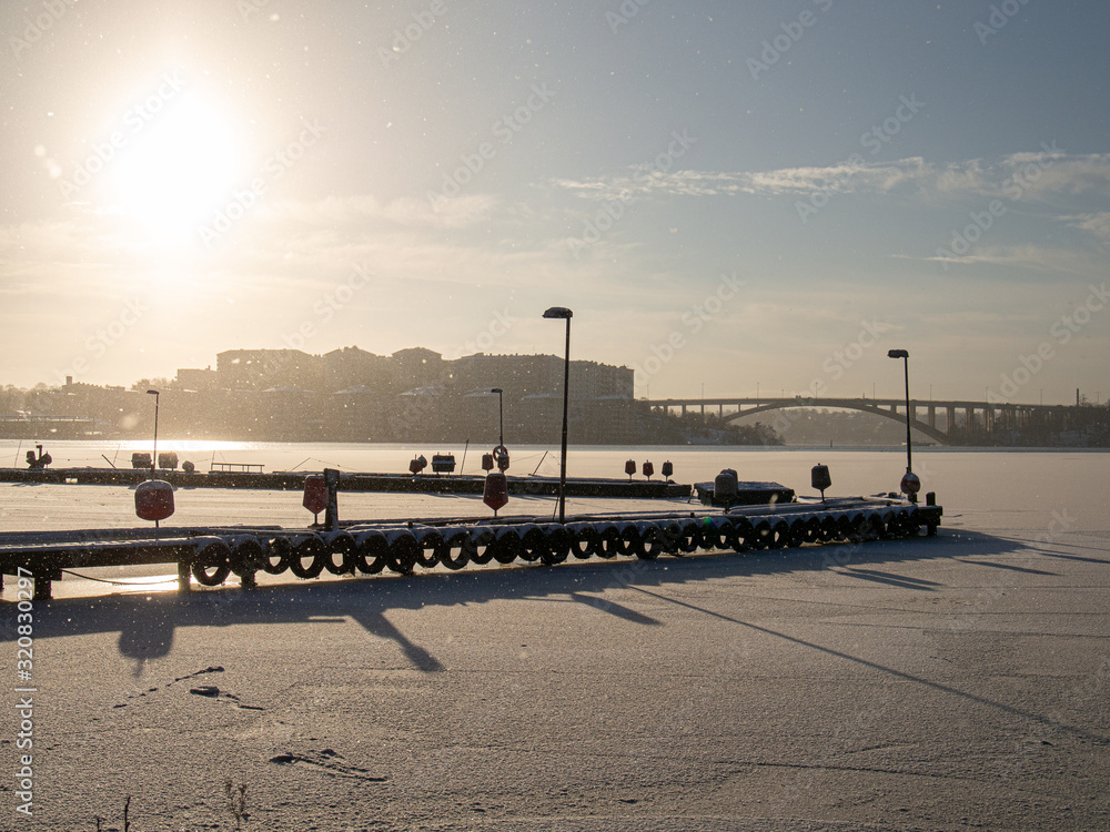 Obraz premium pier in winter by frozen lake in city