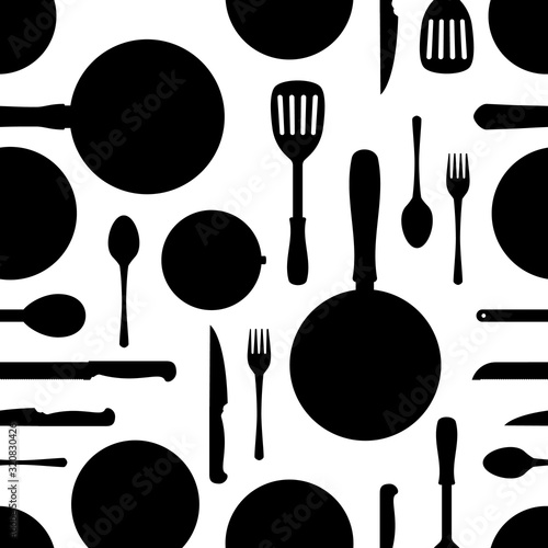 Silhouette Black Kitchenware or Kitchen Utensils Seamless Pattern Background. Vector