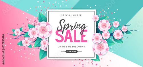 Spring big sale poster with full blossom flowers. Spring background