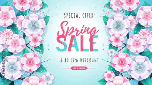 Spring big sale poster with full blossom flowers. Spring background