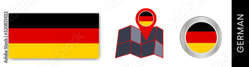 The collection of German national flags is isolated in official colors and icon pins of Germany maps with country flags.