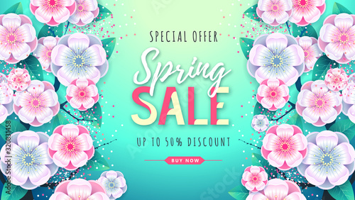 Spring big sale poster with full blossom flowers. Spring background