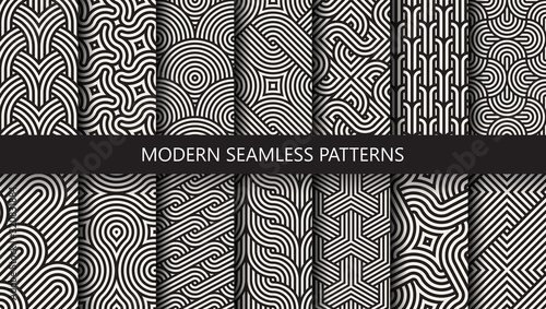 Vector set of 14 geometric linear patterns. Collection of seamless modern textures for your design.