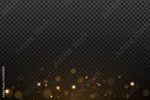 Effect lights bokeh on a transparent background. Golden glares with flying glowing magical dust. Vector illustration