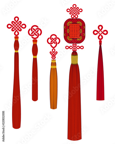 Chinese traditional knots - flower, pan chang, happy, double coin. Classic template, objects isolated. Vector set of 5.