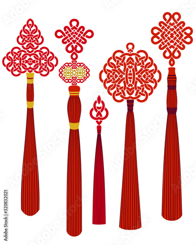 Chinese traditional knots - flower, pan chang, happy, double coin. Classic template, objects isolated. Vector set of 5.