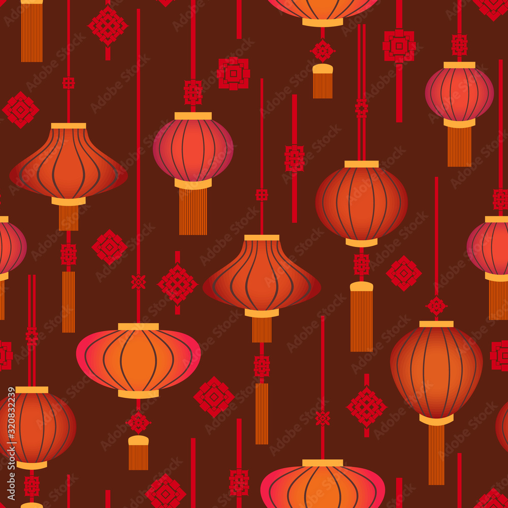 Seamless chinese pattern with lanterns. Asian ethnic ornament. Vector print. Use for wallpaper, pattern fills,textile design.