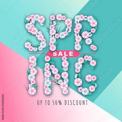 Spring big sale typography poster with full blossom flowers. Spring background