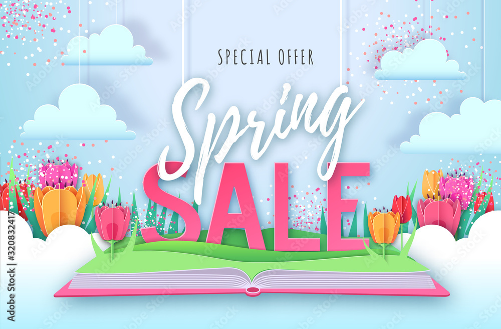 Spring big sale poster with full blossom tulips. Spring flowers paper design Spring big sale poster with full blossom tulips. Spring flowers paper design