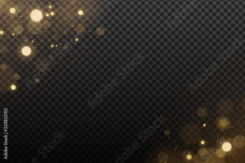 Effect lights bokeh on a transparent background. Golden glares with flying glowing dust. Vector illustration