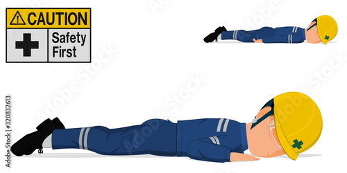 A worker is laying down on white background