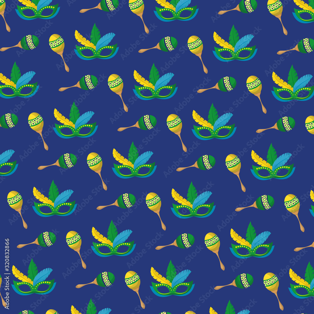 Obraz premium brazil carnival poster with masks and maracas pattern