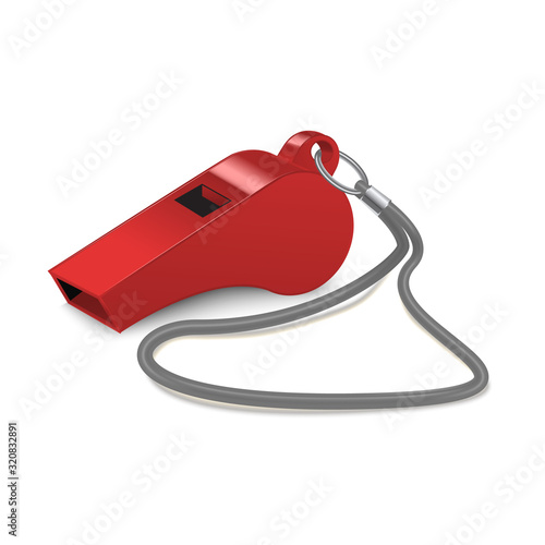 Realistic 3d Detailed Shiny Metallic Red Whistle. Vector
