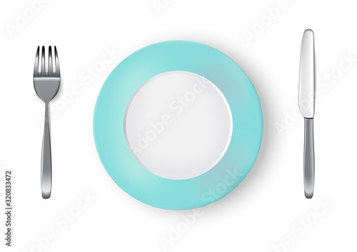 Mock up Realistic Pastel Blue Plate or Dish, Metal knife and Fork on Dining Table for food isolated Background.