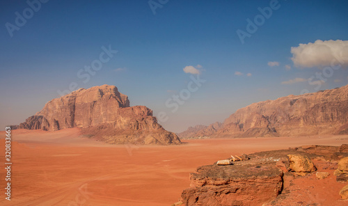 picturesque top view nature landscape photography of Wadi Rum desert Middle East touristic heritage site with big sand valley and picturesque rocks