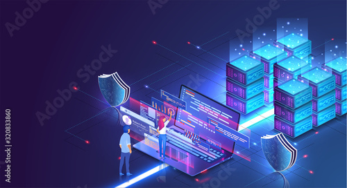 Online devices upload, download information, data in database on cloud services. Futuristic cyberspace technology. Database dark neon isometric vector illustration. Online server maintenance team. 