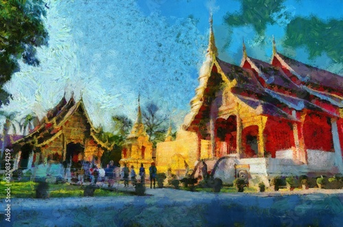 Wat Phra Singh Temple Chiang Mai Thailand Illustrations creates an impressionist style of painting. © Kittipong