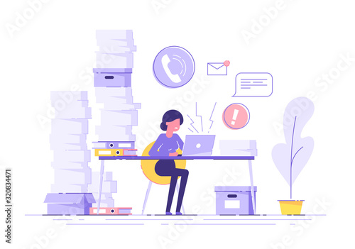 Tired young woman working on her laptop among piles of papers and documents. Stress in the office. Rush work. Modern vector illustration.