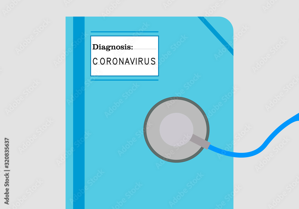 Cuaderno azul médico del diagnostico de un paciente con coronavirus. - obrazy, fototapety, plakaty 