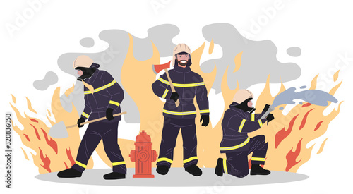 Firefighters vector illustration. Group of men in protective clothes with tools extinguishing fire. Firemen team for aid, safety, rescuing, training concept