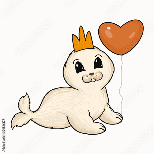Cute baby seal with crown and heart balloon vector illustration. Hand painted cartoon animal digital art.