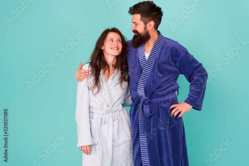 Perfect rest. Feeling good. Couple in love enjoy relax. Happy morning. Vacation starting here. Sleepy man and woman happy together. Family traditions. Couple in cozy bathrobes enjoy lazy weekend