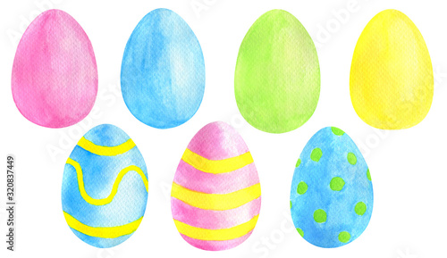 Watercolor Easter colored eggs set. Hand drawn textured pink, blue, green and yellow eggs isolated on white background. Clipart elements for design and decoration, cards, posters.