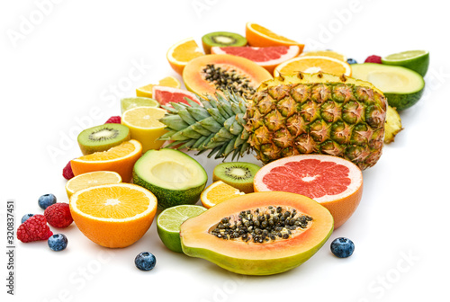Fototapeta Naklejka Na Ścianę i Meble -  Fresh fruit healthy diet concept. Tropical mixed citrus food background, pineapple, orange isolated on white. Colorful fruits berries. Dieting health meal vegetarian health concept