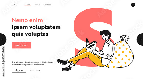 Student guy reading magazine. Young man with newspaper at home flat vector illustration. Daily press, news, morning concept for banner, website design or landing web page