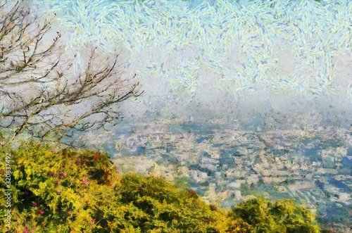 Landscape view Of Chiang Mai City Thailand on Doi Suthep Illustrations creates an impressionist style of painting.