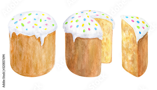 Watercolor Easter cake set. Hand drawn whole and cutted traditional cake with ising sugar isolated on white background. Illustration for cards, decoration, posters, holiday design.