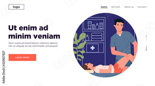 Massage professional office. Man in scrubs massaging woman leg and knee flat vector illustration. Lifestyle, medicine, spa, wellbeing concept for banner, website design or landing web page